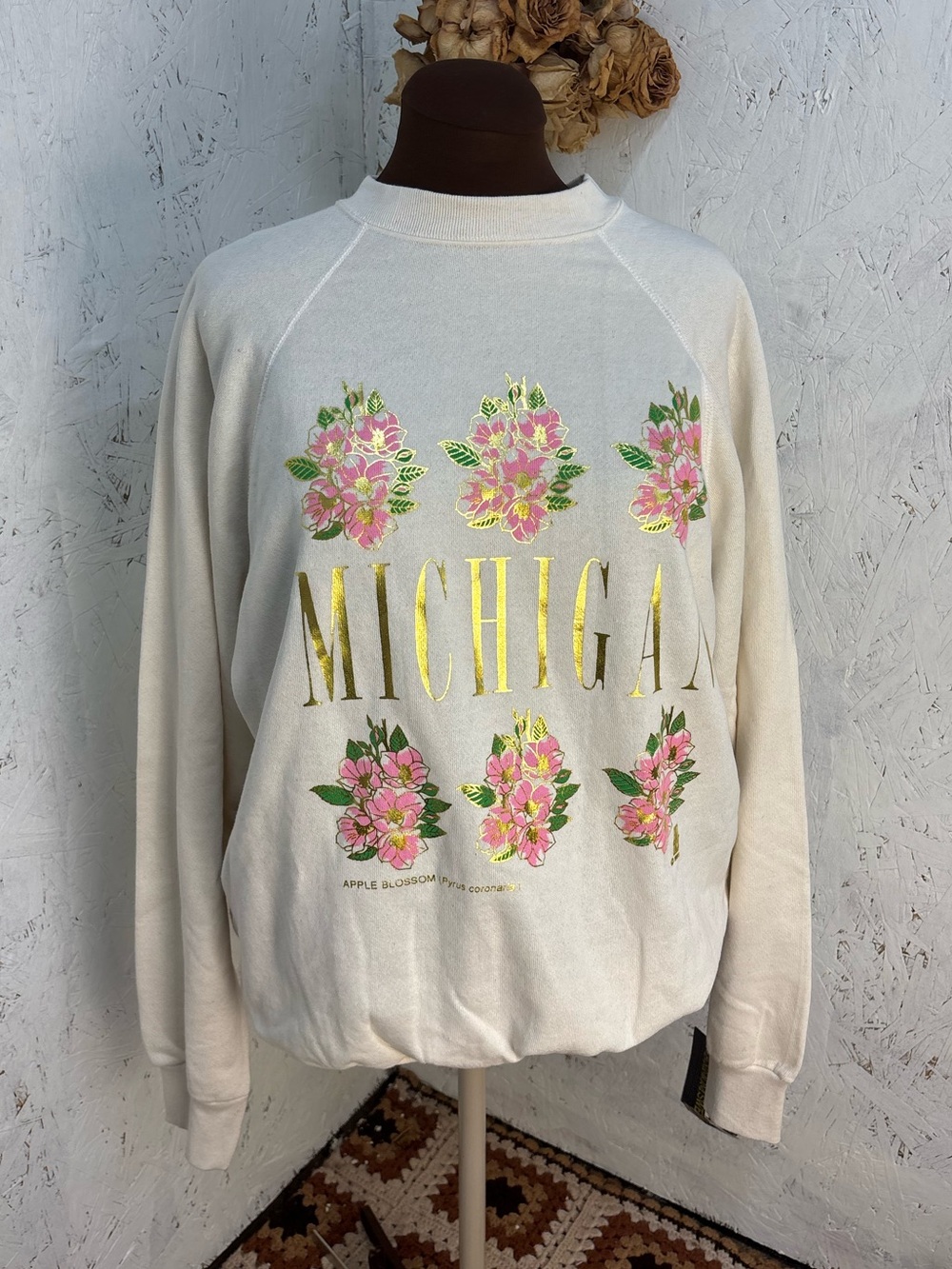 NWT 90s Vintage Tultex Michigan Floral Gold Ivory Sweatshirt Size XL